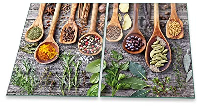 decorwelt | Herdabdeckplatten 2x40x52 cm 2-Teilig Gewürze Grün Braun Ceranfeld Universal Spritzschutz Glas Deko Elektroherd Induktion für Kochplatten Herdschutz Schneidebrett Sicherheitsglas