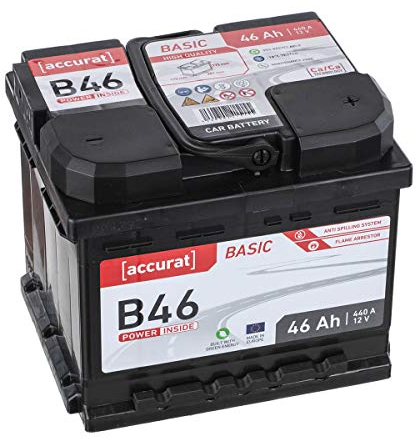 Accurat Basic B46 Autobatterie - 12V, 46Ah, 400A, zyklenfest, wartungsfrei, 30% mehr Startleistung, Ca-Technologie, Pluspol rechts - Starterbatterie, Nassbatterie, Blei-Säure Batterie