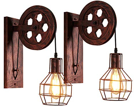 2 Stücke Industrial Wandlampen, iDEGU Vintage Wandleuchten im Riemenscheibe Design Retro Lampe aus Metall und Holz E27 Hängelampe Wandlampe für Schlafzimmer Wohnzimmer Restaurant Bar Flur - Roter Rost