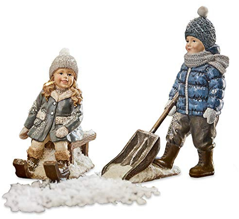 Loberon Figur 2er Set Arue, Mädchen und Junge, handbemalt, nostalgisches Design, Weihnachtsfiguren, Weihnachtsdekoration, Weihnachten, Polyresin, bunt