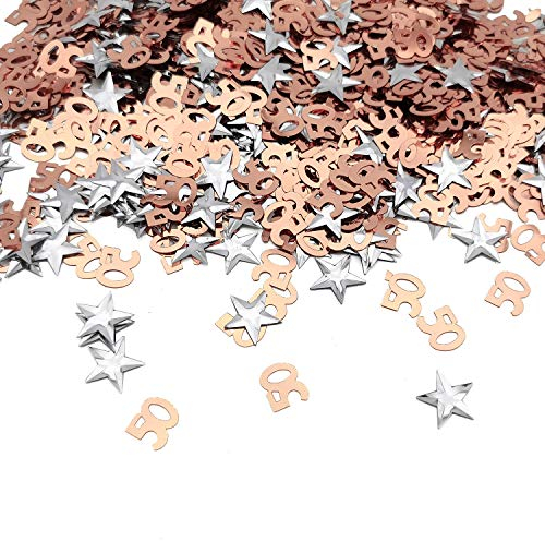 iZoeL 50th Rose Gold Table Confetti Bag 30g incl. 50th Birthday Confetti (1000pcs) Silver Star Confetti Sequin(200pcs) for 50th Birthday Party Wedding Anniversary Table Decoration (Rose Gold 50)