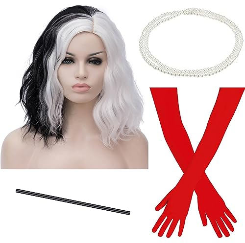 TANTAKO Frauen Schwarz Weiß Cosplay Perücken Halb Schwarz und Halb Weiß Perücke mit Rot Handschuhe und Halter und Perle Halskette(Kombination-A)
