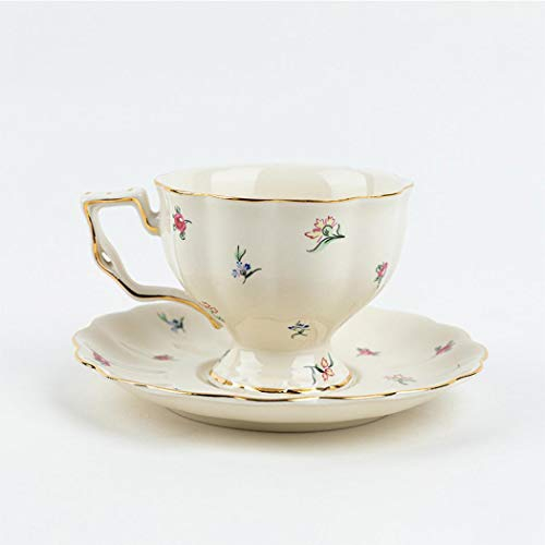 Tmore Porcelain Tea Cup and Saucer Sets Vintage Coffee Mug Morning Tea Cup with Gold Trim Elegant Floral British Tea Cups, 220ml Coffee Cup + Saucer + Teaspoon (Flower)