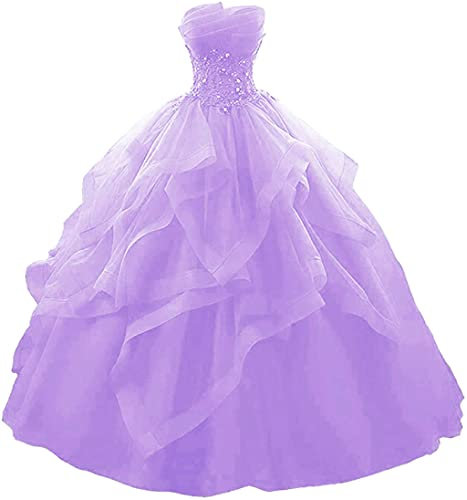 Vantexi Damen Trägerlos Spitze Tüll Abendkleid Ballkleider A-Linie Lange Abschlussballkleid Festkleider Flieder Größe 34