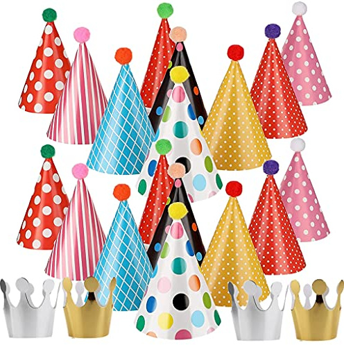 Ohaoduo Partyhüte Geburtstag Kindergeburtstag Set, 22 Stück Partyhüte Set Partyhütchen Geburtstag Kegel Hüte Happy Birthday Partyhütchen und Krone Hut für Kinder Festival Baby Shower