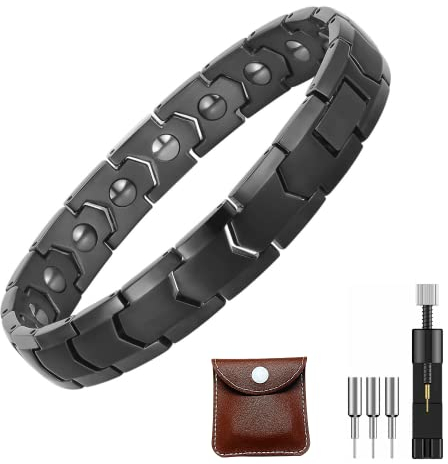 GROUNDSHAKER® Titanium Magnetic Therapy Hematite Bracelet for Men - Magnets Wristband with Free Links Removal Tool, Gifts for Him (Black)