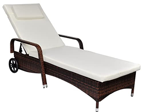 Makastle Outdoor Sonnenliege mit Armlehne und Rollen, Stahl Polyrattan Gartenliege mit verstellbarem Rückenlehne, Relaxliege für Garten und Terasse, Braun 198 x 66 x (30-98) cm