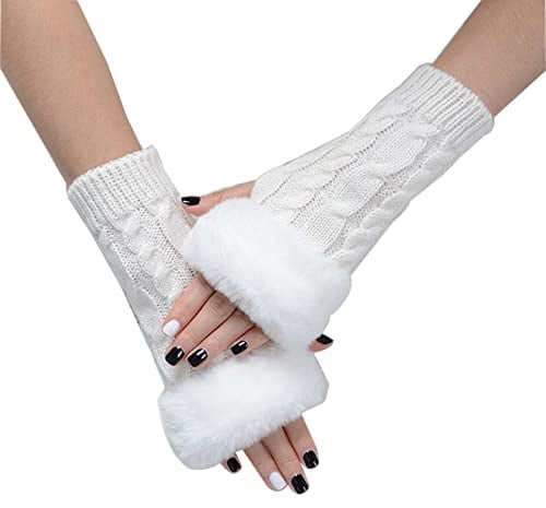 SUNTRADE Fingerlose Damen-Handschuhe, Armstulpen mit Kunstfell, Winter fingerlose Handgelenkwärmer, Weiss/opulenter Garten, Medium