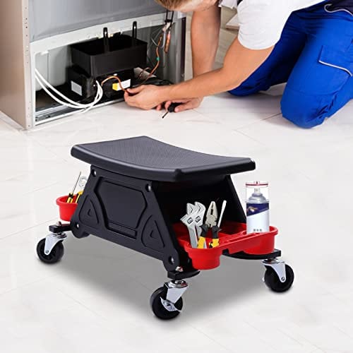 JAYEUW Werkstatthocker, Mobiler Werkstattfahrstuhl, Werkstattsitz mit 360° drehbaren Rollen und Regalen, Kfz-Werkstatthocker, Montagehocker für Kfz-Werkstatt/Garage/Zuhause, bis 150KG