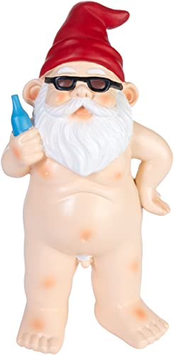 BRUBAKER Gartenzwerg Nackt - FKK Zwerg mit Bier und Sonnenbrille - freizügige Gartenfigur Nudist Lustig - Dekoration Wetterfest für Garten Campingplatz - Gartendeko für außen - 23 cm groß
