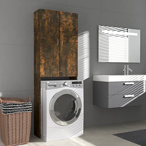 homiuse Waschmaschinenschrank Räuchereiche 64x25,5x190 cm Waschmaschinenüberbauschrank Badschrank Waschküche Möbel mit 2 Türen / 3 Fächern Platzsparendes Modisches Design Robust & Langlebig