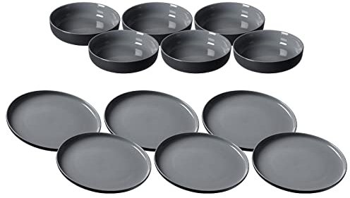 Ritzenhoff & Breker Jasper Teller & Schalen Set 12-teilig, Schwarz, Tafelservice aus Steinzeug, Geschirr mit Soft-Touch-Haptik & farbiger Mattglasur