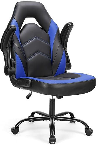 Sweetcrispy Computer Gaming Desk - Silla de Oficina ergonómica giratoria Ajustable de Piel sintética con reposabrazos abatible, Color Negro y Azul, 25,39 D x 27,76 W x 45.67 H