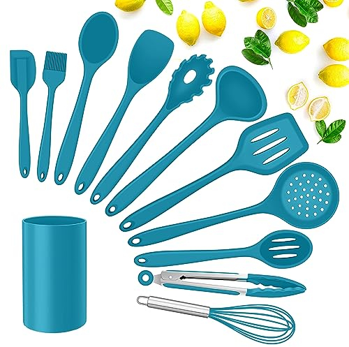 Herogo - Juego de utensilios de cocina de silicona, 12 piezas, con soporte para utensilios, antiadherente y resistente al calor, batidor, espátula, cuchara, apto para lavavajillas, color azul