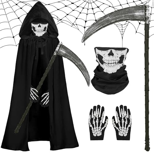Miulruma Disfraz de Sensenmann para niños, disfraz de Halloween, 4 piezas, disfraz de muerte con guadaña, máscara de cráneo, guantes, capa con capucha para Halloween, disfraz de Grim Reaper A010S