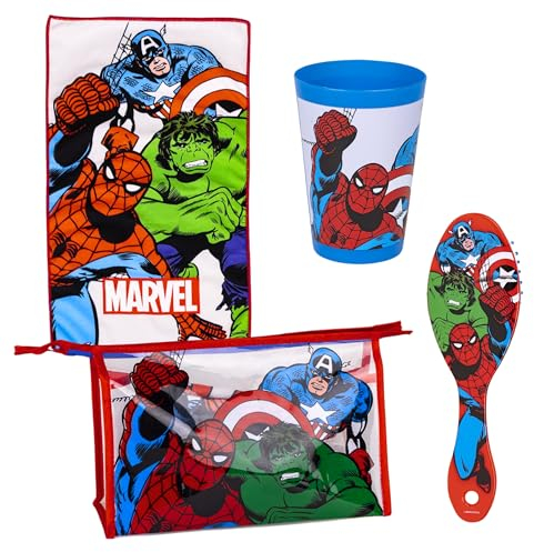 Marvel Avengers Kulturbeutel für Jungen, Kinder-Kulturbeutel im Avengers Design, Inklusive Becher, Haarbürste, Handtuch, Geldbörse, PVC-frei