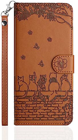 Butnyeoe Flip Case for Samsung Galaxy S22 Ultra 5G,Cat/Flower/Butterfly Embossed PU Leather Wallet Phone Folio Case Magnetic Protective Cover with Stand Function and Card Slots,Brown