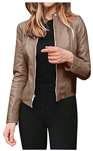 Geilisungren Roter Sommer Mantel Damen lässige feste Motorradjacke mit Reißverschluss Weiches Kunstleder Lederjacke Kurz Übergangsjacke Snap Stand Kragen Langarm kurze Cardigan schmale Jacke