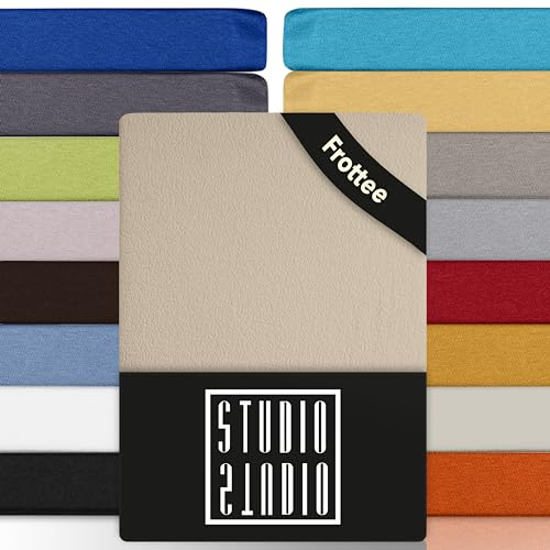 STUDIO Basic Frottee Spannbettlaken 180x200cm – weiches Frottee-Spannbetttuch aus 80 % Baumwolle & 20 % Polyester – Creme – Öko-Tex Zertifiziert, bügelfrei & elastisch – für Matratzen 15–25cm