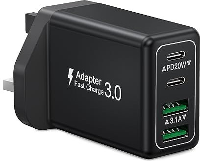 USB C Charger Plug UK, 40W 4 Port USB Plug Fast Charging Dual USB-C Power Adapter+ QC USB Wall Charger, Multi Mains Charger Plug, Type C Plug for iPhone 16 15 14 13 12 11 Pro Max XS XR, Samsung, iPad