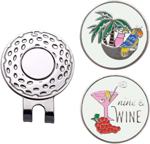 Golf Ballmarker Magnetisch Hut Clip Set, Geschenk Mütze Clips Geschenke für Herren Damen Kinder Golfer Zubehör für Golfhandschuhe Hüte Taschen Kappen (1 Stück Hut Clip +2 Ballmarker(Baum+Wein))