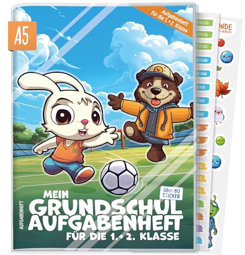 Lernfreunde Hausaufgabenheft Grundschule A5 für die 1. + 2. Klasse ohne Datum mit Hülle, Stickern, Lern- und Denkspielen Fußballstadion - nachhaltig & klimafreundlich