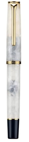 Hongdian N12 Piston Fountain Pen Fine Soft Nib, Marble White Acrylic & Classic Streamlined Design with Metal Case Set