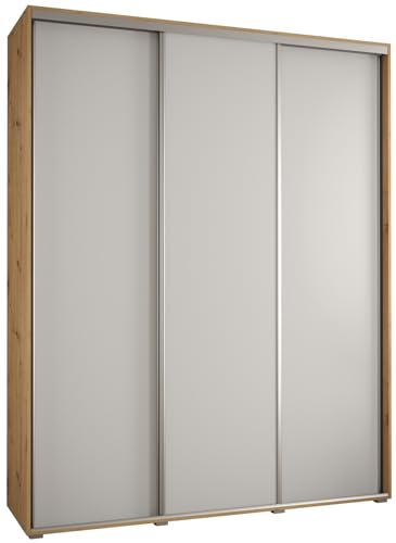 MEBLE KRYSPOL Davos 1 200 Schlafzimmerschrank mit DREI Schiebetüren - Moderner Kleiderschrank mit Kleiderstange und Regalen - 235,2x200x45 cm - Artisan Weiß Silber