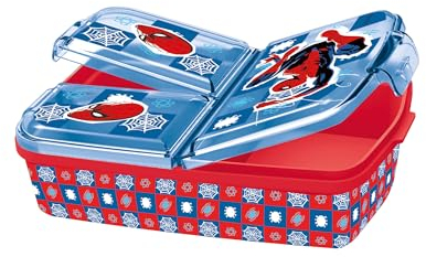 p:os 35484 - Spiderman Brotdose für Kinder mit 3 Fächern, Lunchbox aus Kunststoff mit Clip-Verschlüssen, Vesperdose für Kindergarten, Schule und Freizeit