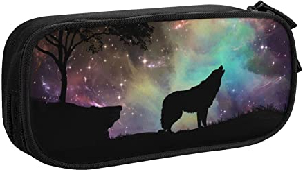 WEISUPG Großes Federmäppchen für Jungen und Mädchen, Heulender Wolf Nordlichter Federmäppchen mit großen Fächern für Schule, Schreibwaren, Büro und Reisen, Schwarz, Schwarz , Einheitsgröße,