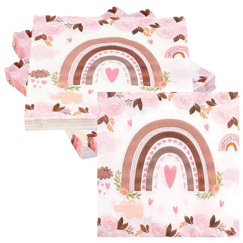 60 pcs Serviette Papier décoration Anniversaire table, Mariages, Baptêmes,Communions, Serviettes en papier jetables sont ornées de fleurs roses et d'arc-en-ciel, parfaites pour les filles(33 x 33 cm)