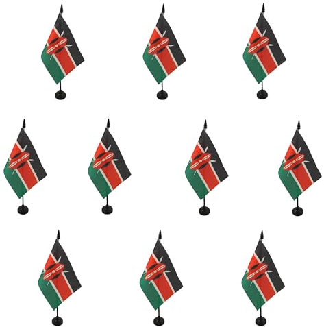 AZ FLAG - 10 banderas de mesa Kenia 15 x 10 cm, 10 mini banderas de oficina de Kenia 100% poliéster con mástil de 25 cm y base de plástico negro