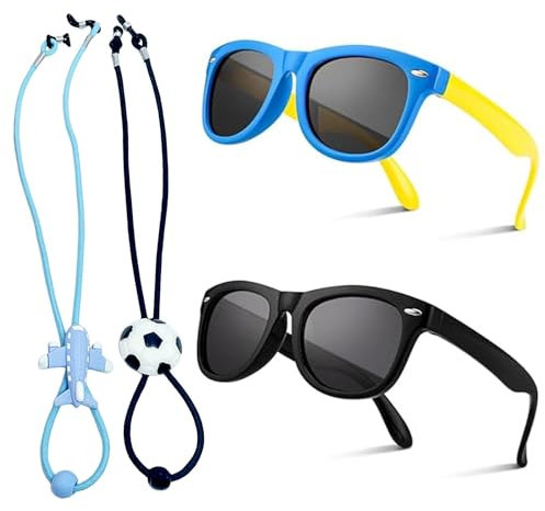 SSKHE 2 Occhiali Da Sole Polarizzati per Bambini, con Cinturino Regolabile, per Ragazzi e Ragazze, Spiaggia, Scuola, Shopping, Decorazione per Feste, Nero + Blu