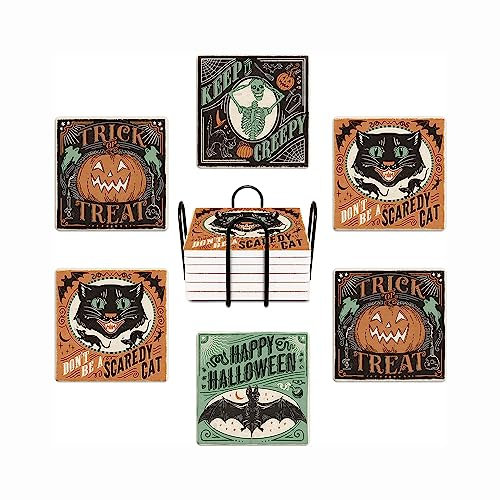 WWOOPLL Halloween Drink Coasters Set of 6, Green Black Vintage Cat Bat Absorbent Square Ceramic Stone Mat Coaster, with Cork Base and Metal Holder, Anti-Slip Cork Bottom for Mugs and Glasses
