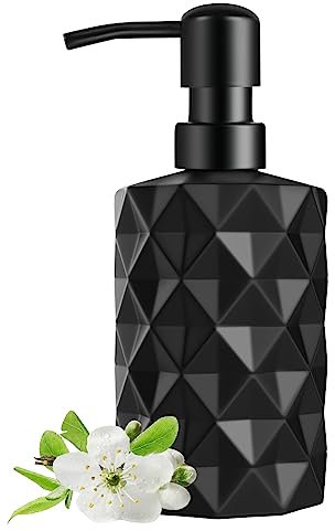 AstraLoom 330ml Frosted Glass Soap Dispenser, Diamond Pattern Design with Stainless Steel Pump Head, Suitable for Liquid Soap/Shampoo/Lotion/Essential Oil (Matte Black)