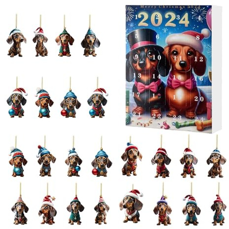Weihnachtsbaum Dackel Anhänger Adventskalender 2024, 24-Tage-Weihnachts-Countdown-Kalender Dackel Anhängerbox Für Erwachsene, Kinder, 2D Acryl Dackel Hängeanhänger, Weihnachtsbaumschmuck