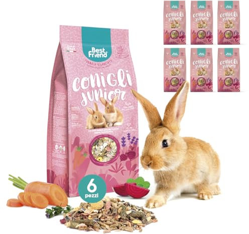 Best Friend Mangime Completo per Conigli Junior con Erba Medica, Carrube, Carota, Sedano, Barbabietola. Mangime per i Roditori con Ingredienti Naturali, Made in Italy| Confezione da 6 pacchi