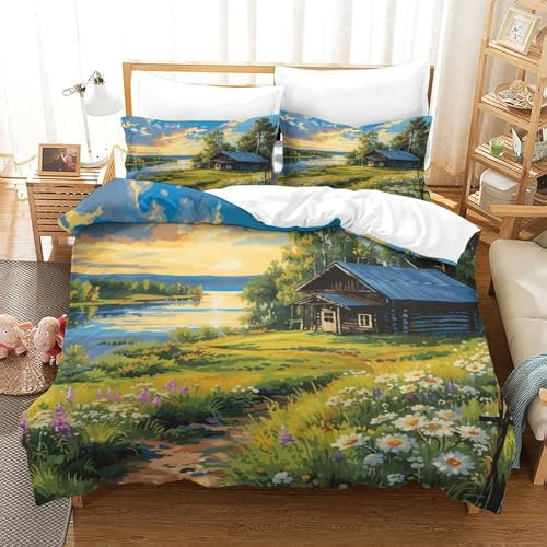 VUDBELAFC Berghütte Bettbezug Set Bettwäsche Set Kinderbettwäsche Reißverschluss Mit Kissenbezug Betten Set Für Jugendliche Kinder Schlafzimmer Super King（260x220cm）
