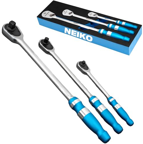 Neiko 03006A Flachkopf-Ratschen-Set, 3-teiliges Niedrigprofil-Ratsche, 1/4-Zoll-Antrieb, 3/8 Ratschenschlüssel und 1/2-Zoll-Ratsche, 90 Zähne, eloxierter strukturierter Griff, Langgriffratsche,