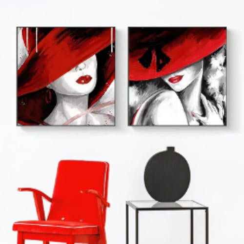 AINIBPO Klassische Vintage-Wandkunst, roter schwarzer Hut, Frauen, HD-Gemälde, Leinwanddrucke, Poster für Zuhause, Wohnzimmer, Schlafzimmer, Dekoration, 55 x 55 cm * 2, rahmenlos