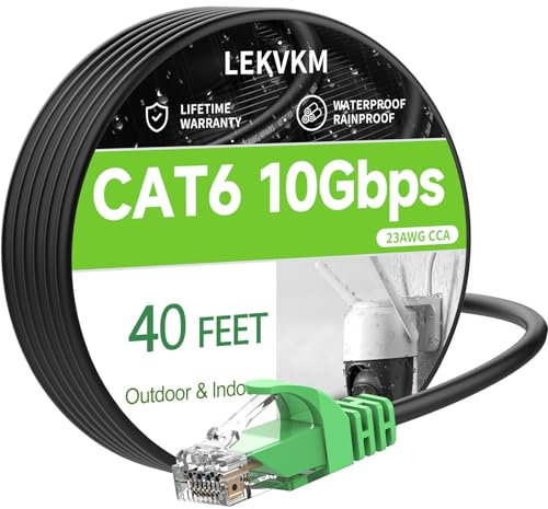 LEKVKM Cat 6 Ethernet Cable 40 ft High Speed RJ45 Internet Cable for Outdoor & Indoor Support CAT6 Network Solid Black Computer LAN for PC，40Feet
