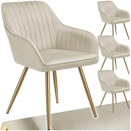 tectake® Set of 4 Dining Chairs with Quilted, Velvet-Look Covers, Softly Padded Armchair Set with Continuous Backrests & Golden Steel Legs, Ideal Kitchen, Living Room & Desk Chairs - Cream/Gold