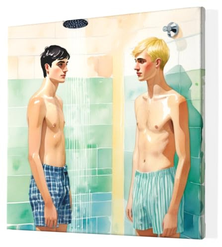 GALERIE SCHÖNE KÜNSTE - TRUE GAY LOVE #2 - Wandbild: Der Augenblick davor, Sexy Twinks unter der Dusche - Gay Art Kunstdruck auf Leinwand mit Keilrahmen - Fertig zum Aufhängen (40 x 40 cm)