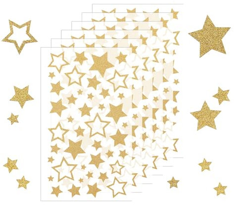 Weenwill Sterne Aufkleber,6 Blatt Sticker Stern Aufkleber Glitzer Gold Star-Etiketten Dekorative Sternaufkleber Belohnungssticker für Kinder für DIY Weihnachten Deko Weihnachtskarten,Bastelarbeiten