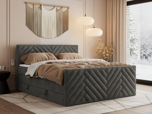 MKS MEBLE Boxspringbett Paris King Duo 200x200 cm mit Bettkasten Stauraum, Doppelbett mit Kopfteil und Fußteil, 7-Zonen Taschenfederkern Matratze H4 mit Topper T25 - Dunkelgrau Velvet