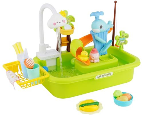 Lavabo Enfant Cuisine,Evier Enfant avec Circuit Eau, Système de Recyclage de l'eau, Jouets de pêche Flottants de Piscine pour Jouer à l'eau pour Enfants à Partir de 3 Ans, Vert