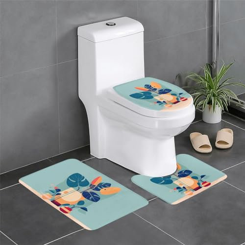 GGNKDL Lot de 3 tapis de salle de bain antidérapants à motif de bambou à dos de tortue - Facile à nettoyer et à entretenir - Bloque l'humidité et durable - Bleu et orange