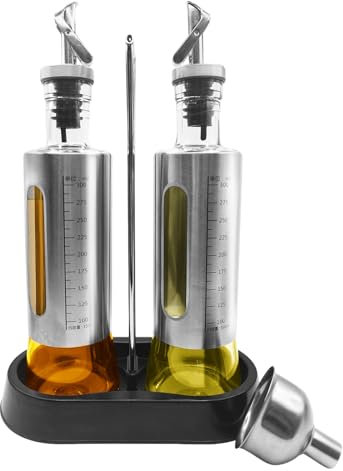 10oz/300 ml Olive Oil Dispenser Bottle, 2 Pack Glass Oil and Vinegar Dispenser Set with Tray, Vinegar and Sauce Bottle Wrapped in Stainless Steel Shell with Pourer and Funnel for Kitchen Cooking