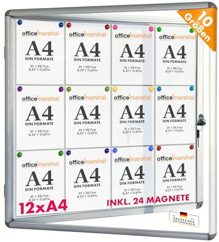 OfficeMarshal Schaukasten 12xA4 inkl. 24 Magnete Infokasten Aushang Aushangkasten Magnetische & beschreibbare Rückwand Plakatschaukasten mit Alurahmen