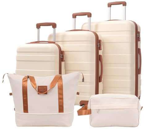 Merax 5-teiliges Hartschalen Kofferset, mit 1 Reisetasche und 1 Kulturbeutel, Trolley Reisekoffer Handgepäck Sets 5tlg, 4 Rollen, ABS-Material, TSA-Schloss, Beige